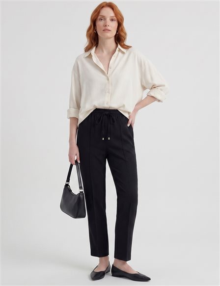 Topstitched Tie-Waist Fabric Trousers Black