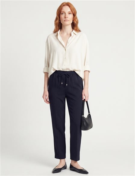 Topstitched Tie-Waist Fabric Trousers Dark Navy