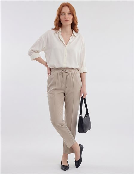 Topstitched Tie-Waist Fabric Trousers Beige