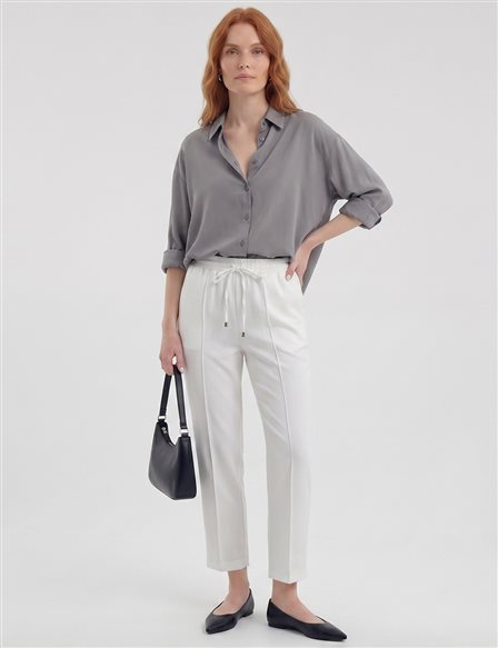 Topstitched Tie-Waist Fabric Trousers Optic White