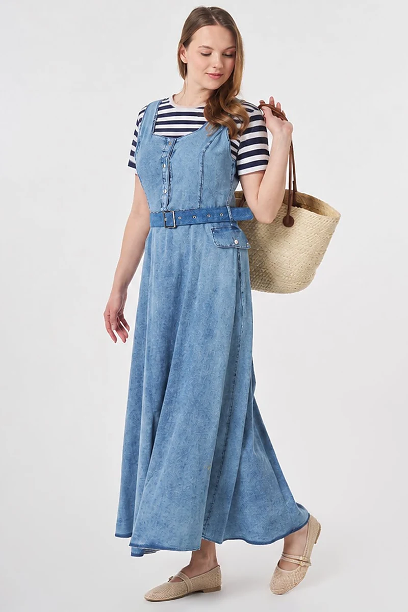 Kemer Detaylı Denim Elbise Mavi