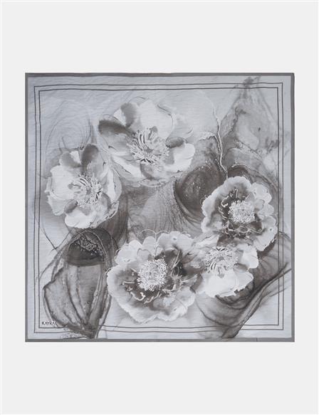100% Lyocell Floral Patterned Scarf Smoky Grey