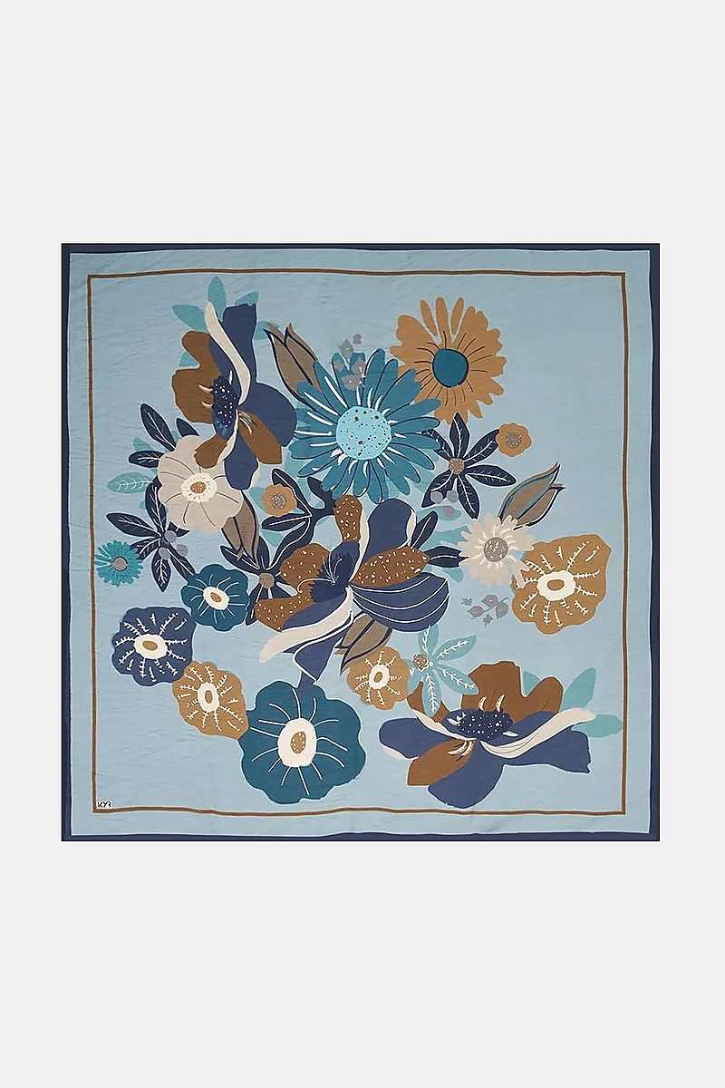 Multi Floral Pattern Viscose Scarf Blue