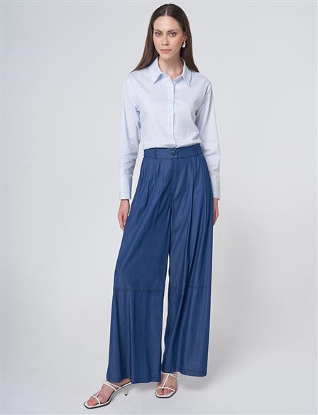 Button Detailed Pleated Trousers Indigo