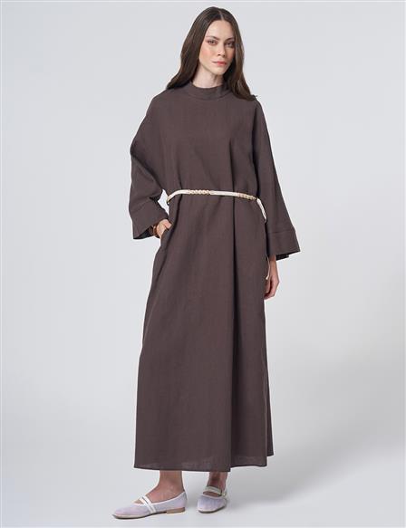 Cotton Linen Dress with Rope Belt Dark Brown