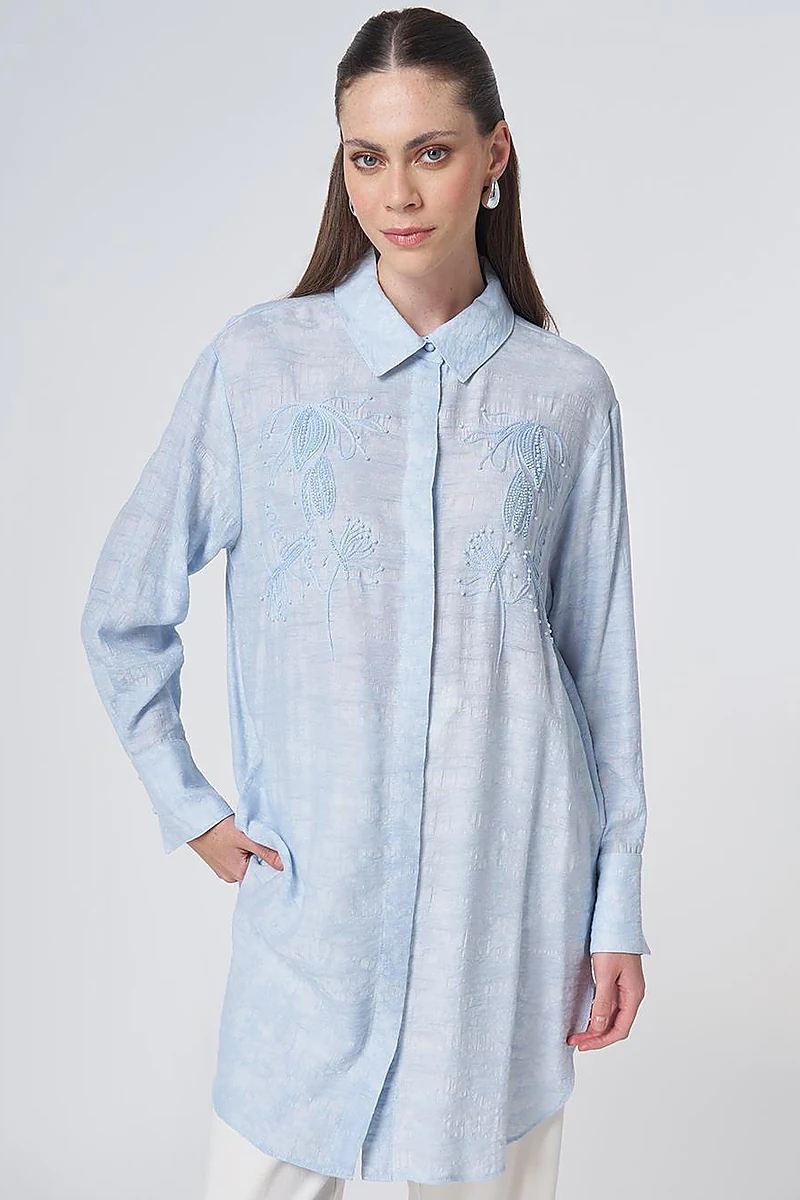 Embroidered Viscose Tunic Blue
