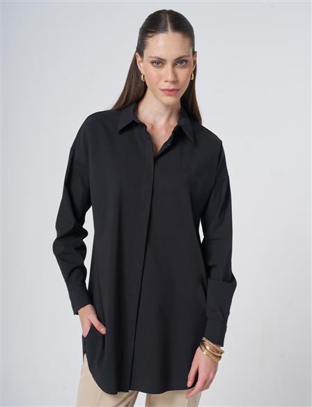 Concealed Placket Cotton Tunic Black