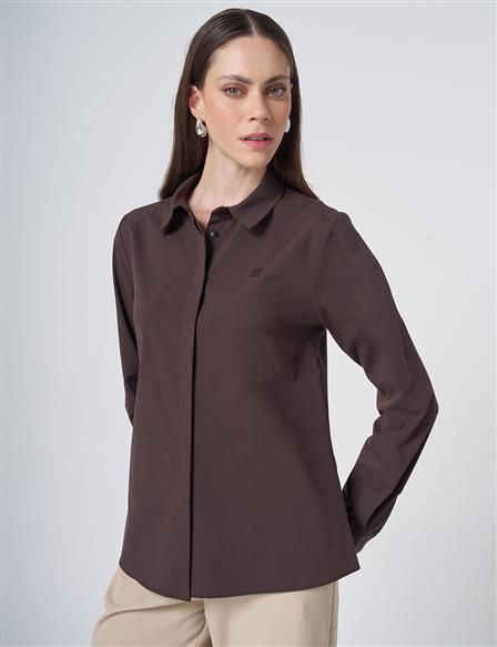 Shirt Collar Cotton Basic Blouse Dark Brown