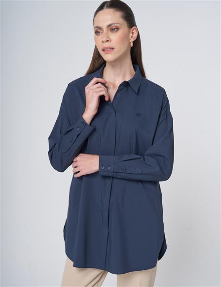 Concealed Placket Cotton Tunic Navy Blue