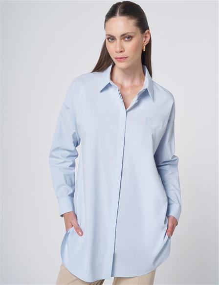 Concealed Placket Cotton Tunic Ice Blue