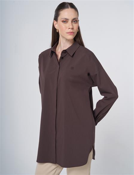 Concealed Placket Cotton Tunic Dark Brown