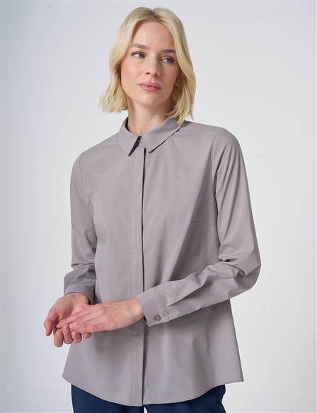 Shirt Collar Cotton Basic Blouse Light Grey