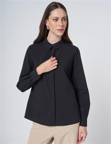 Shirt Collar Cotton Basic Blouse Black