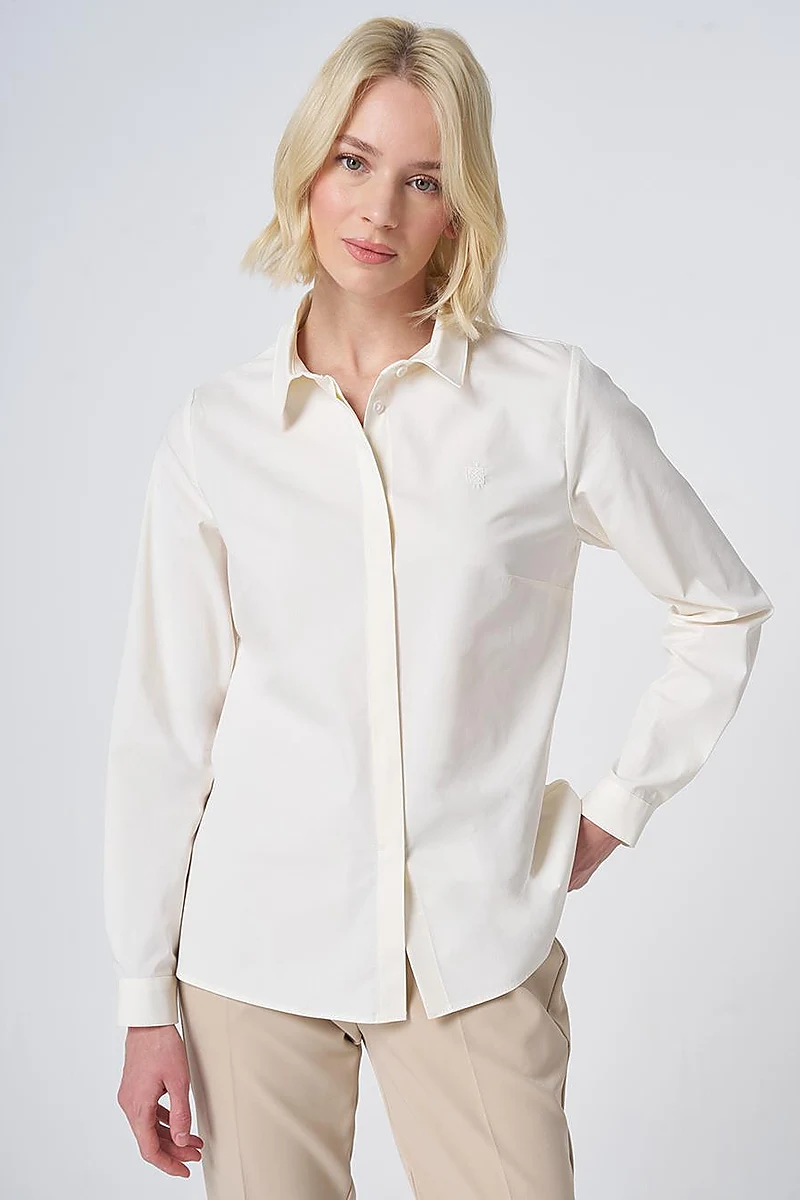 Shirt Collar Cotton Basic Blouse Ecru