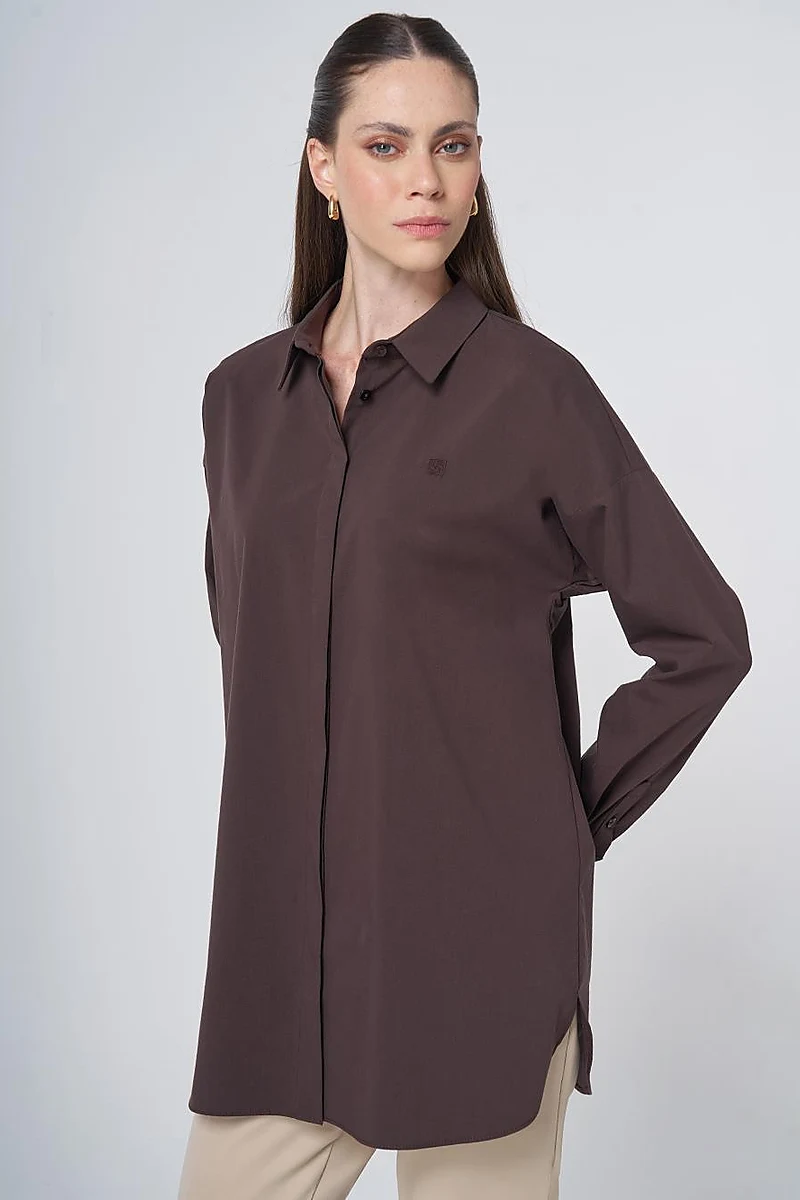 Concealed Placket Cotton Tunic Dark Brown