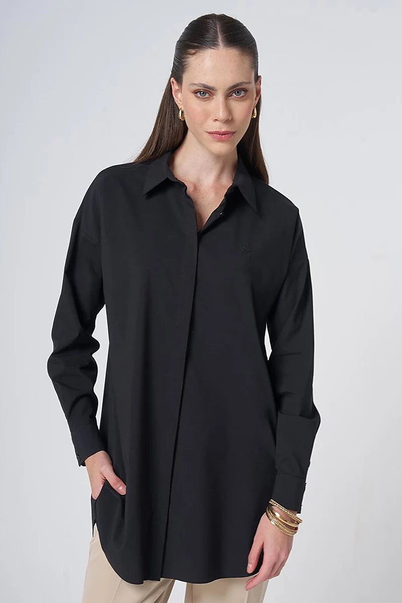 Concealed Placket Cotton Tunic Black