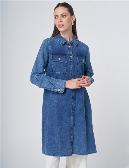 Gold Button Cotton Linen Tunic Indigo