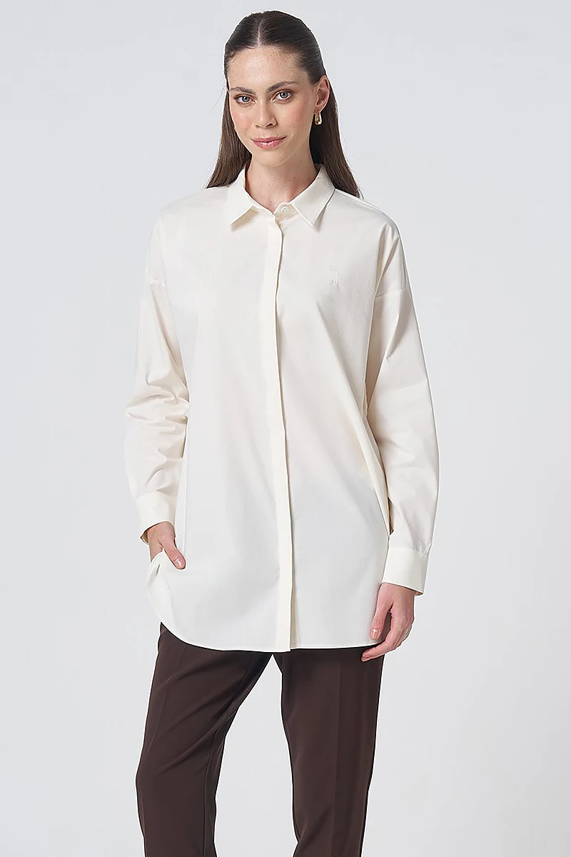 Concealed Placket Cotton Tunic Ecru