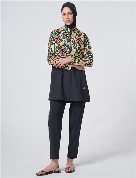 Patterned Modest Swimsuit - Black