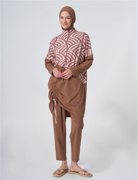 Patterned Modest Swimsuit - Light Brown
