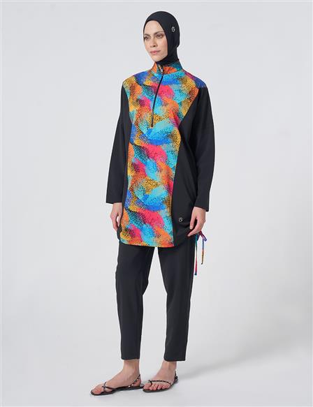 Multicolored Patterned Modest Swimsuit - Black