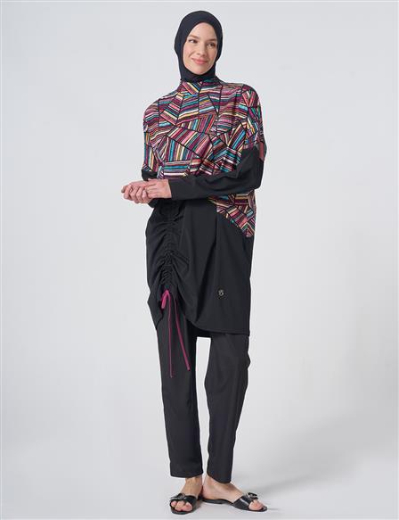 Geometric Pattern Modest Swimsuit - Black