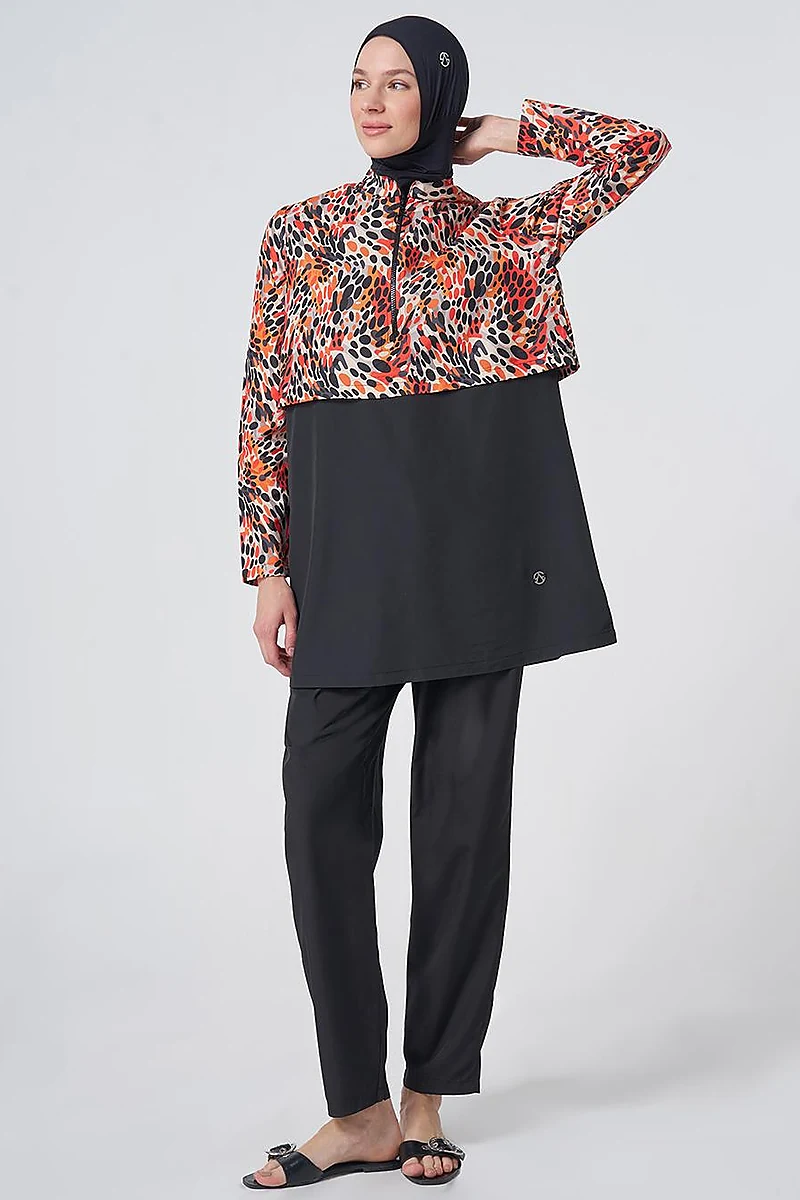 Speckled Print Modest Swimsuit - Black