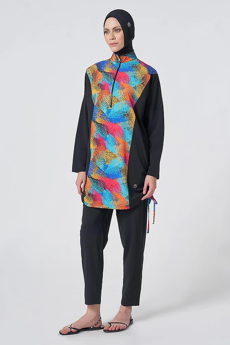 Multicolored Patterned Modest Swimsuit - Black