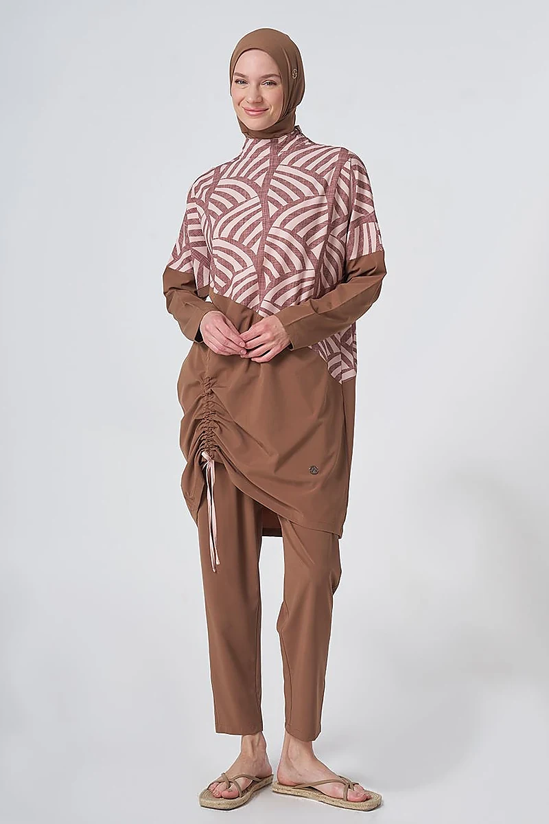 Patterned Modest Swimsuit - Light Brown