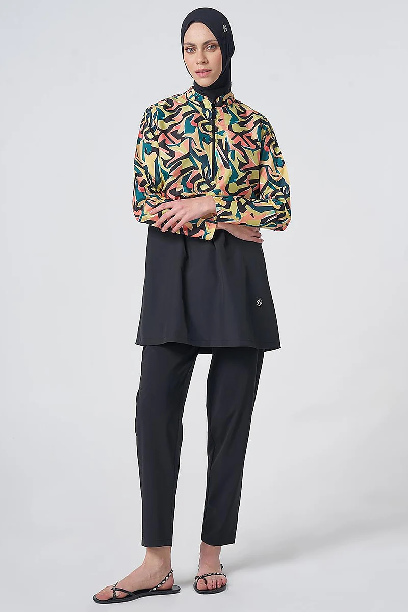 Patterned Modest Swimsuit - Black