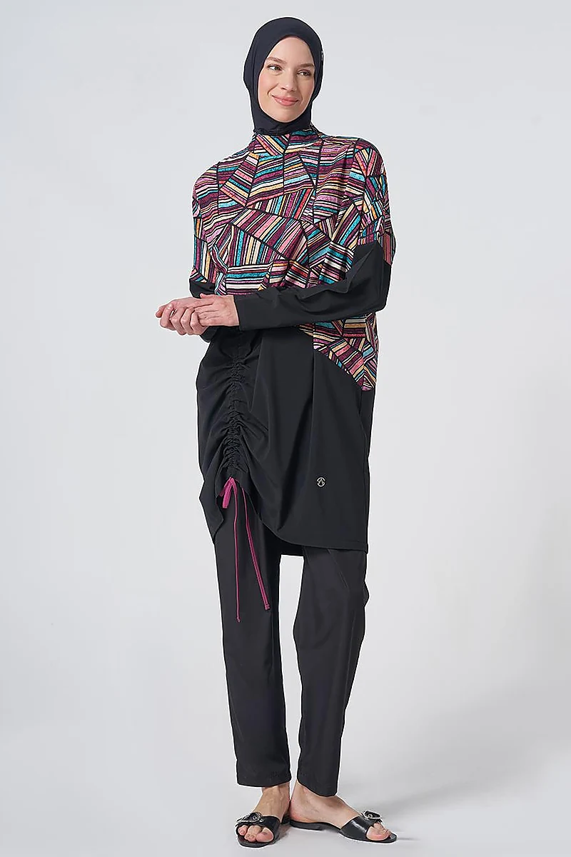 Geometric Pattern Modest Swimsuit - Black