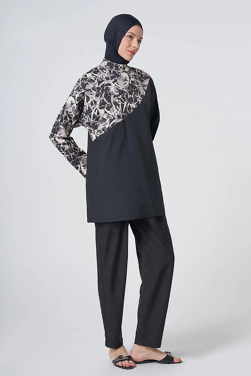 Marble Pattern Modest Swimsuit - Black