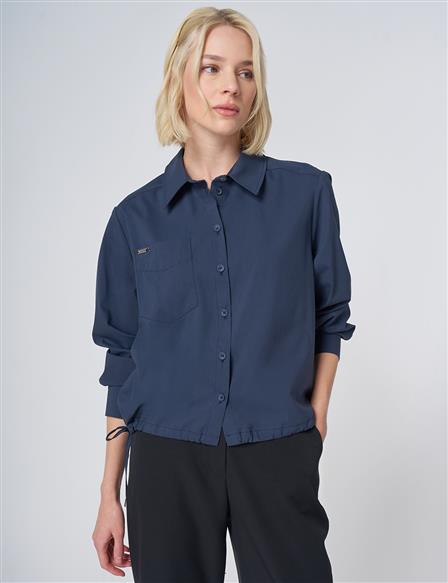 Pocket Detail Cotton Basic Blouse - Navy