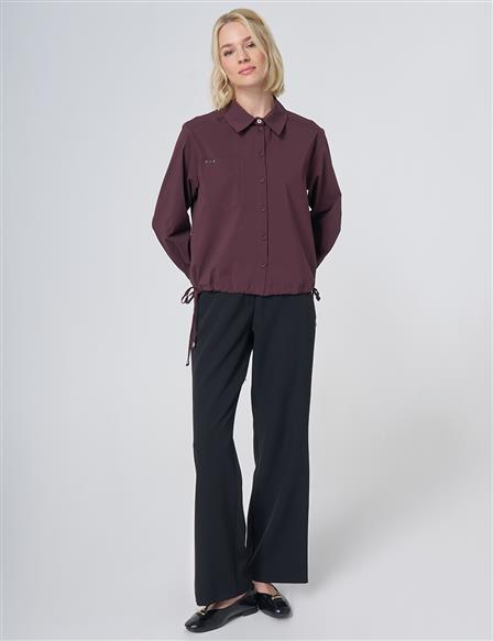Pocket Detail Cotton Basic Blouse - Burgundy