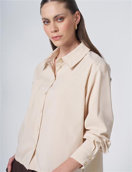 Pocket Detail Cotton Basic Blouse - Cream