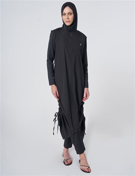 Ruched Detail Modest Swimsuit - Black