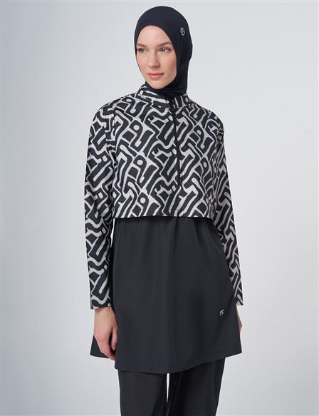 Maze Pattern Modest Swimsuit - Black