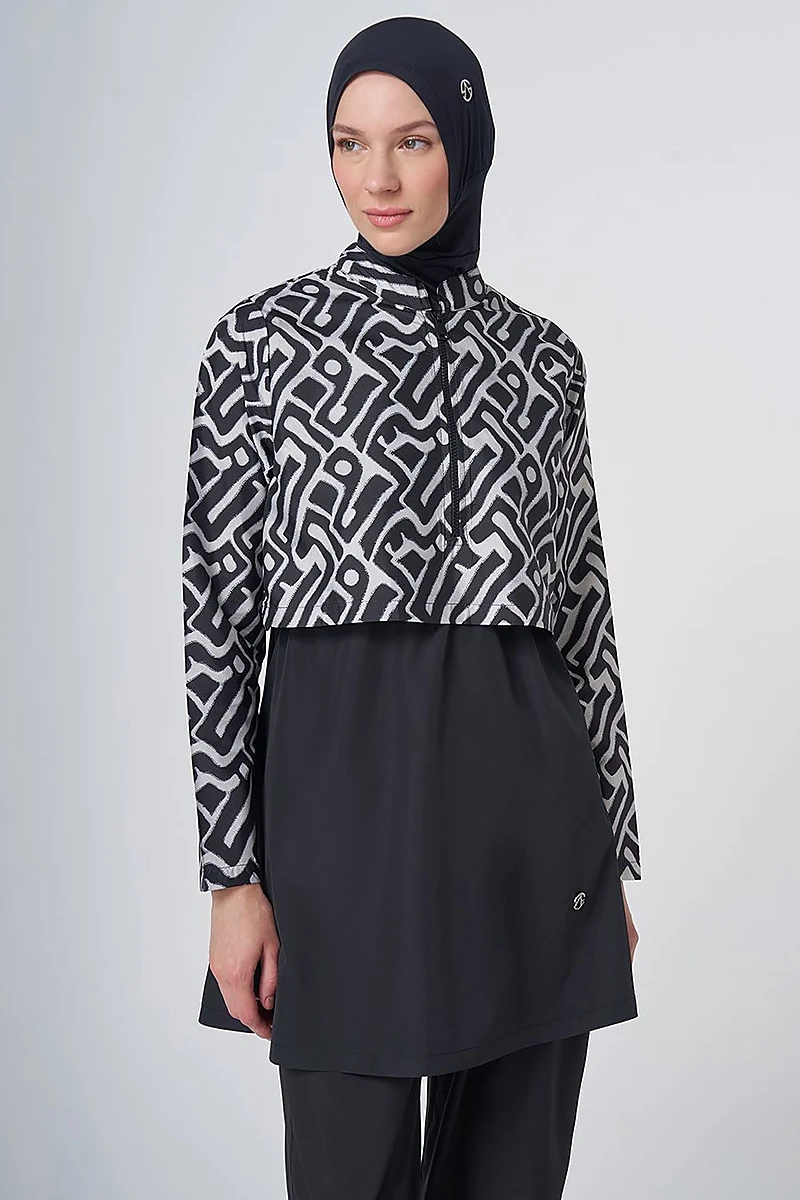 Maze Pattern Modest Swimsuit - Black