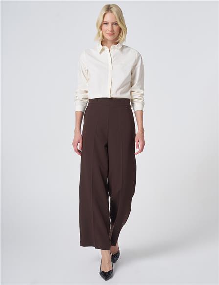 Basic Fabric Trousers with Crease Detail - Dark Brown