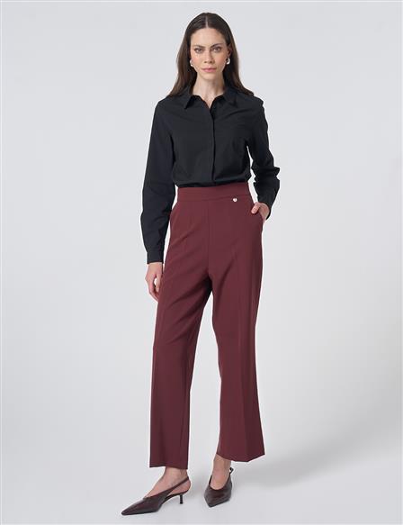 Basic Fabric Trousers with Crease Detail - Burgundy