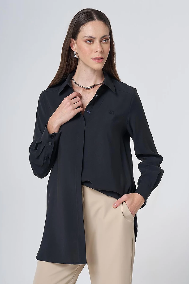 Shirt Collar Basic Modal Tunic – Black