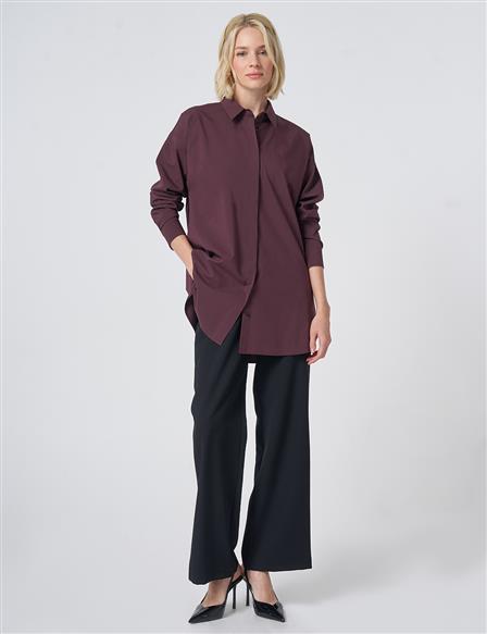 Concealed Placket Cotton Tunic Burgundy