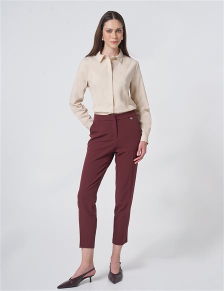Cep Detaylı Basic Kumaş Pantolon Bordo