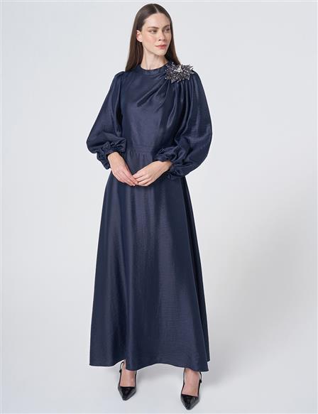 Embroidered Detail Satin Dress Dark Navy
