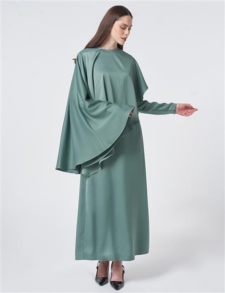 Cape Detailed Satin Dress – Moss Green