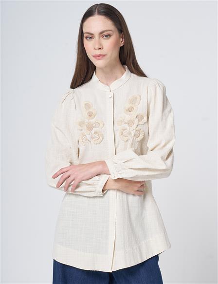 Embroidered Appliqué Crinkled Blouse – Cream