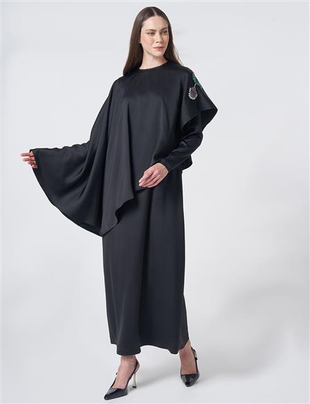 Cape Detailed Satin Dress – Black