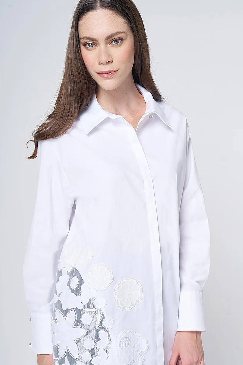 Embroidered Appliqué Cotton Tunic with Wide Cuffs – Optic White