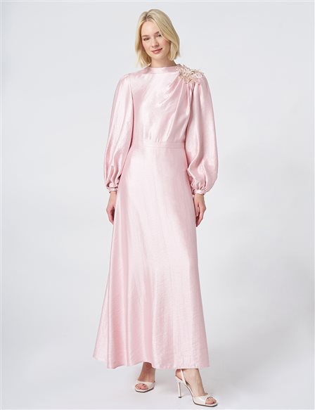 Embroidered Detail Satin Dress Powder Pink