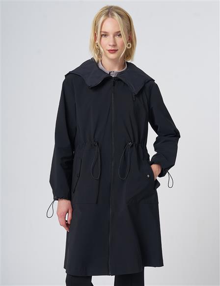 Wide Collar Belted Drawstring Trench Coat – Black